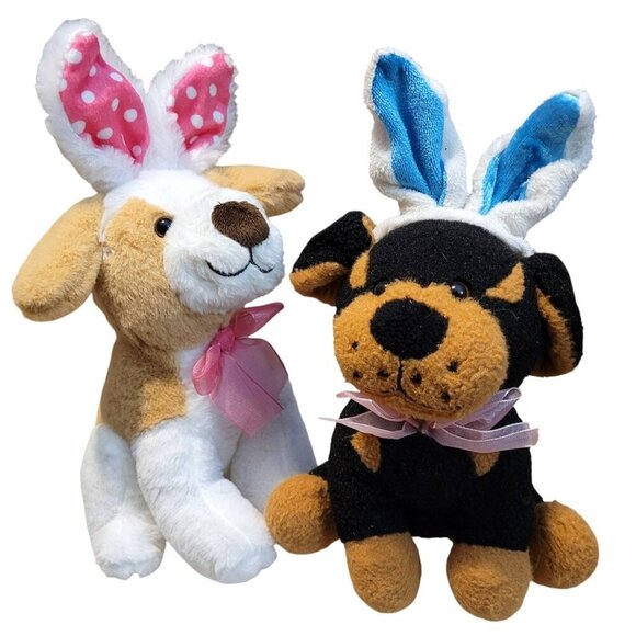 Dan Dee Easter Dog Plush Stuffed Toys With Bunny Ears & Ribbons 10" Set Of 2 - Picture 1 of 11